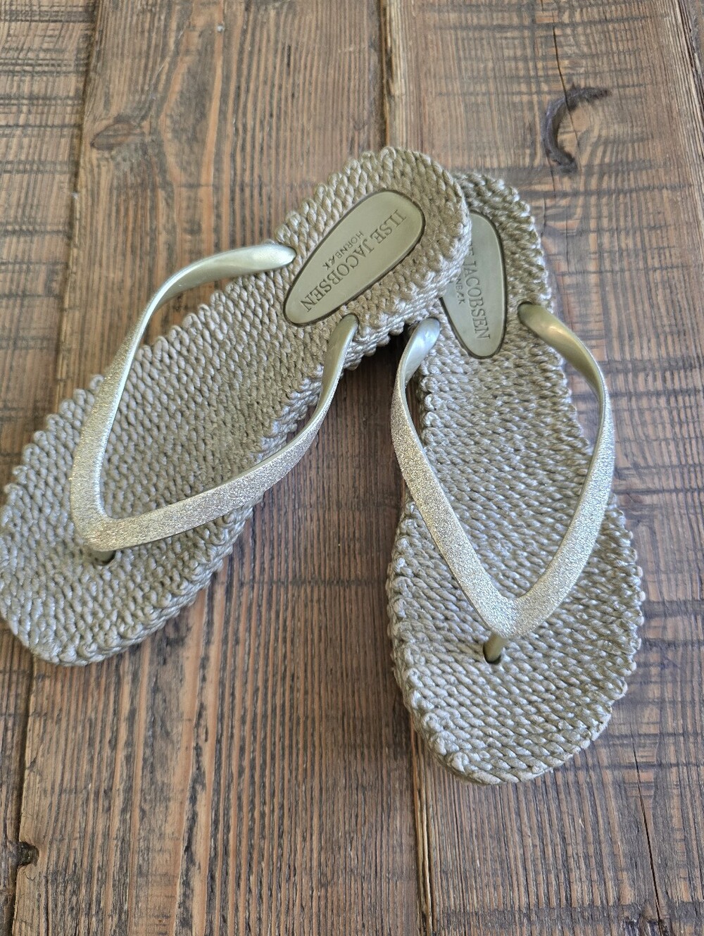 Ilse Jacobsen Metallic Gold Braided-Strap Flip Flops W US 6